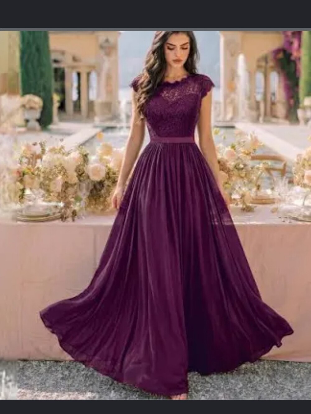 Miusol Lace Bodice Evening Gown Deep Plum Burgundy Maxi Dress Chiffon Cap Sleeve